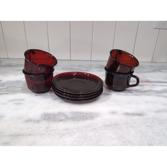 Arcoroc Glass Teacups & Saucers, Ruby Red Set, MCM Tea Set, French Glassware - Picture 11 of 11